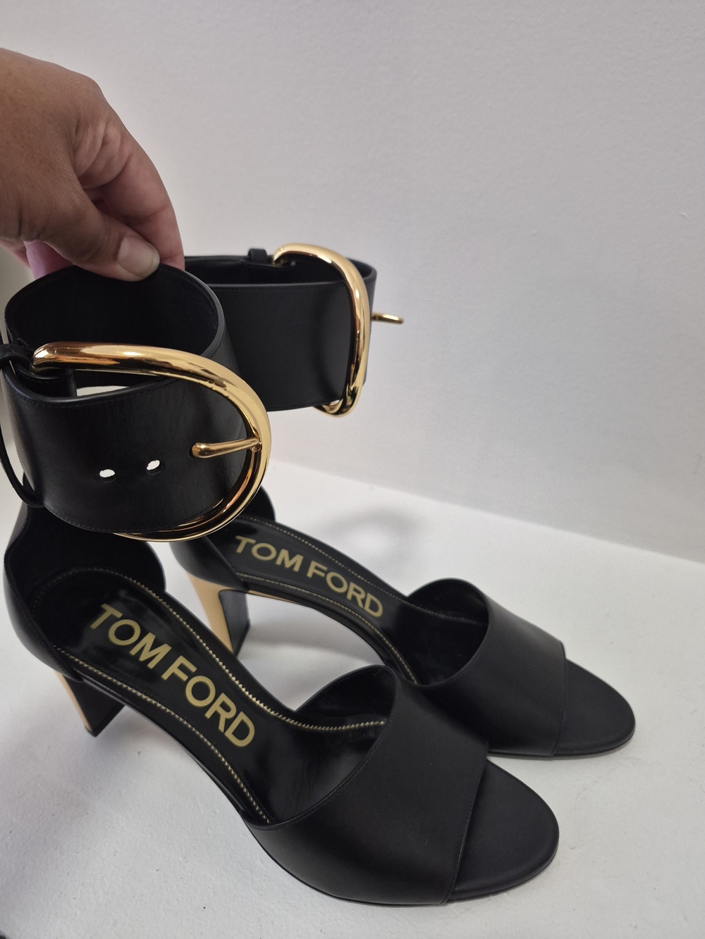 Tom Ford Black Leather Open-Toe Block Heel Sandals with Gold Buckle Ankle Straps